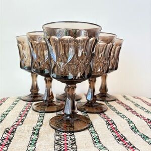 Vintage Style Smoky Glass Goblet Set Mid Century Barware Textured Wine Glasses